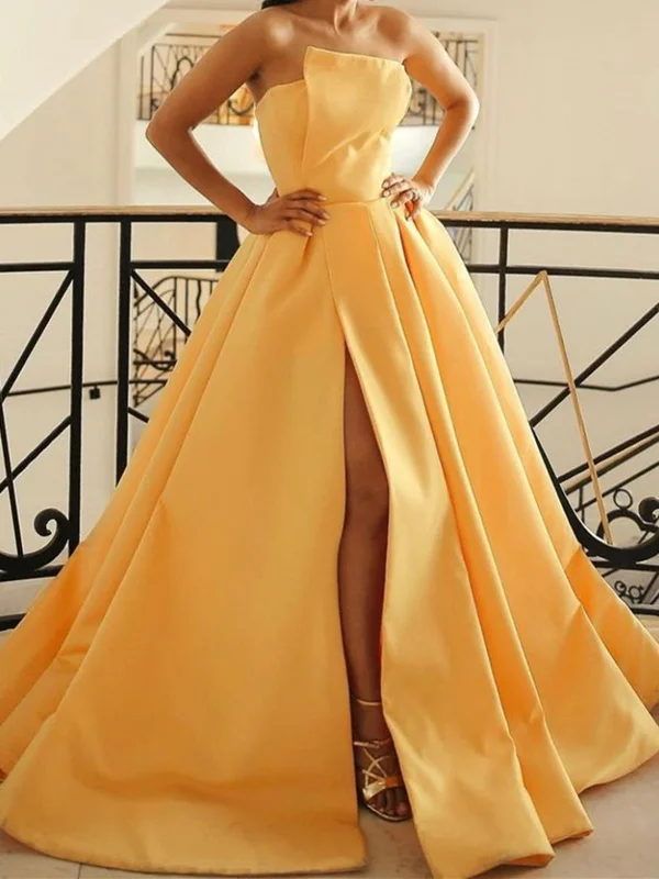 Strapless Yellow Satin Long Prom Dresses, Yellow Satin Long Formal Evening Dresses