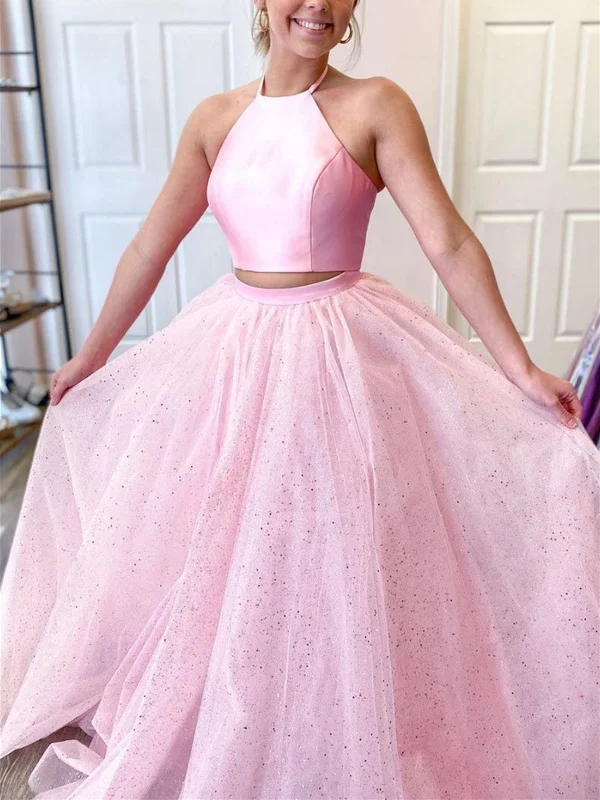 Halter Neck Two Pieces Pink Long Prom Dresses, Shiny 2 Pieces Pink Long Formal Evening Dresses Halter Neck Two Pieces Pink Long Prom Dresses, Shiny 2 Pieces Pink Long Formal Evening Dresses