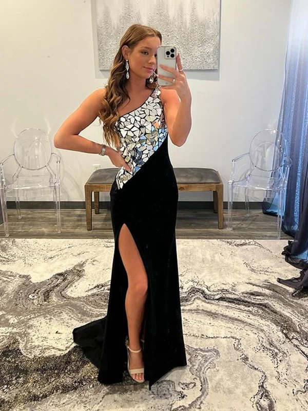 One Shoulder Black Mermaid Rhinestone Prom Dresses, One Shoulder Black Mermaid Long Formal Evening Dresses