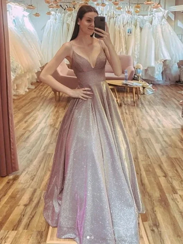 Shiny A Line V Neck Champagne Long Prom Dresses, Champagne V Neck Long Formal Evening Dresses Shiny A Line V Neck Champagne Long Prom Dresses, Champagne V Neck Long Formal Evening Dresses