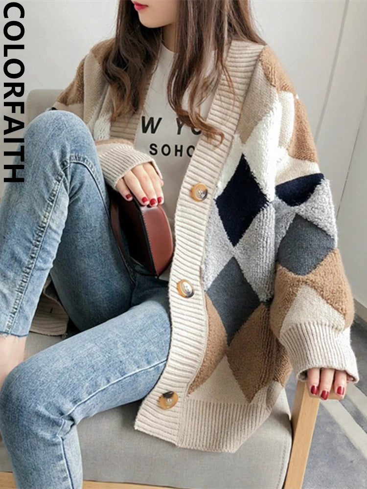 Colorfaith 2022 Plaid Chic Cardigans Button Puff Sleeve Checkered Oversized Women's Sweaters Winter Spring Sweater Tops SW658 Iron Safe Non-Iron Wrinkle Free