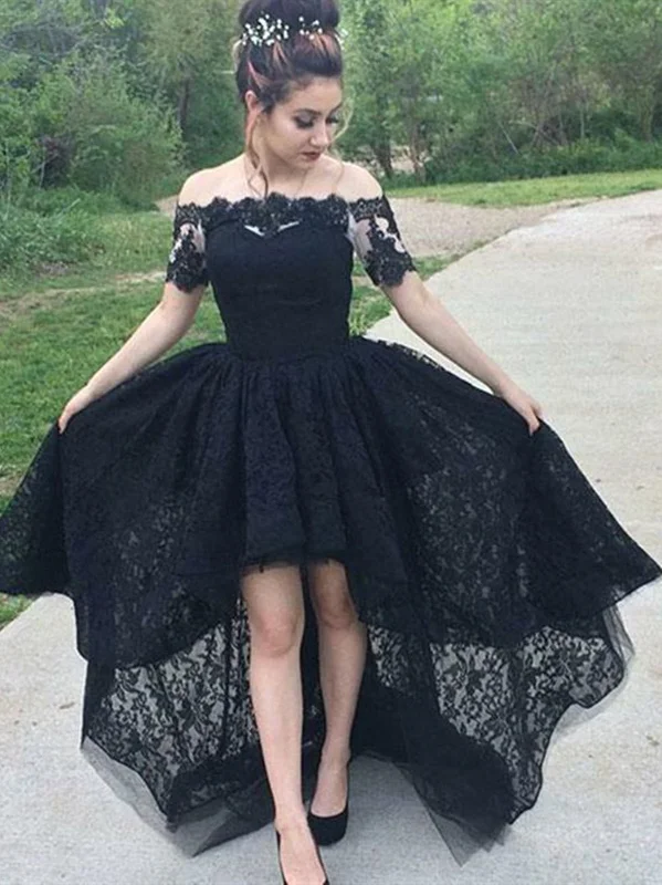Short Sleeves Black Lace High Low Prom Dresses, Black High Low Lace Formal Graduation Dresses Short Sleeves Black Lace High Low Prom Dresses, Black High Low Lace Formal Graduation Dresses
