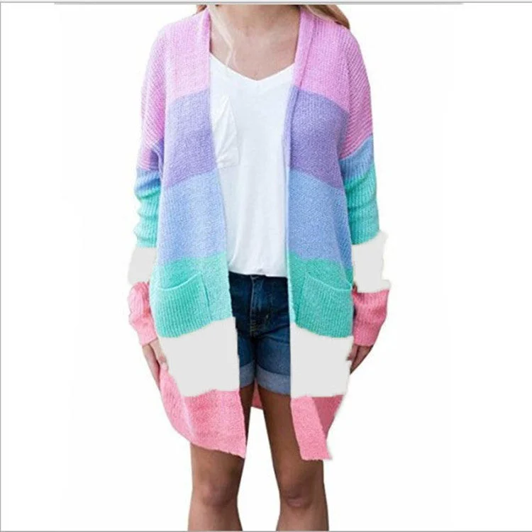 Women Rainbow Color Knitting Cardigan Sweaters Thin Thick Dense