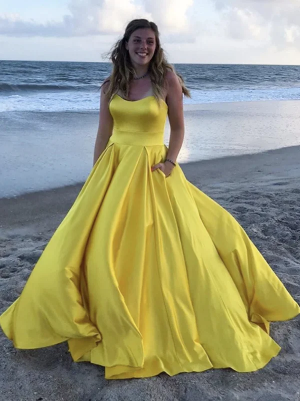 Yellow Satin Long Prom Dresses, Yellow Long Satin Formal Evening Dresses