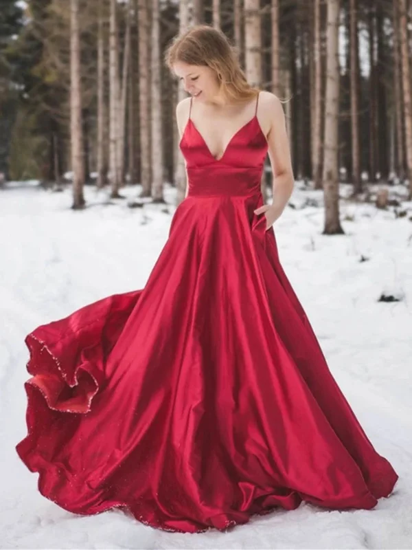 A Line V Neck Red Satin Prom Dresses, Red V Neck Formal Evening Dresses