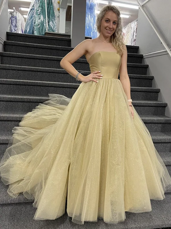 Strapless Champagne Tulle Prom Dresses, Champagne Tulle Long Formal Evening Dresses