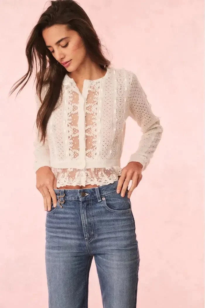 Love Shack Fancy - Reneley Cardigan in Aspen White Seamless Knitted Crochet