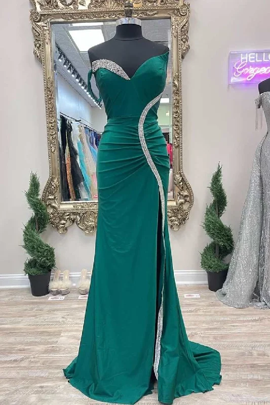 Asymmetrical Green Beaded Mermaid Long Prom Dress with Slit