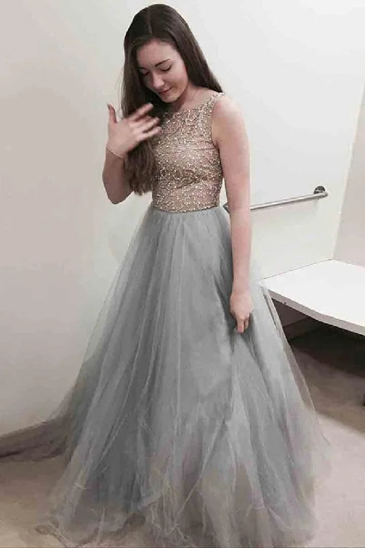 Scoop A-Line Prom Dress Floor-Length Tulle With Sequins
