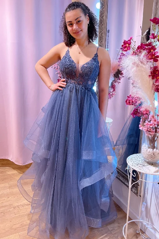 Blue Deep V Neck Beaded Appliques Multi-Layers Long Prom Dress