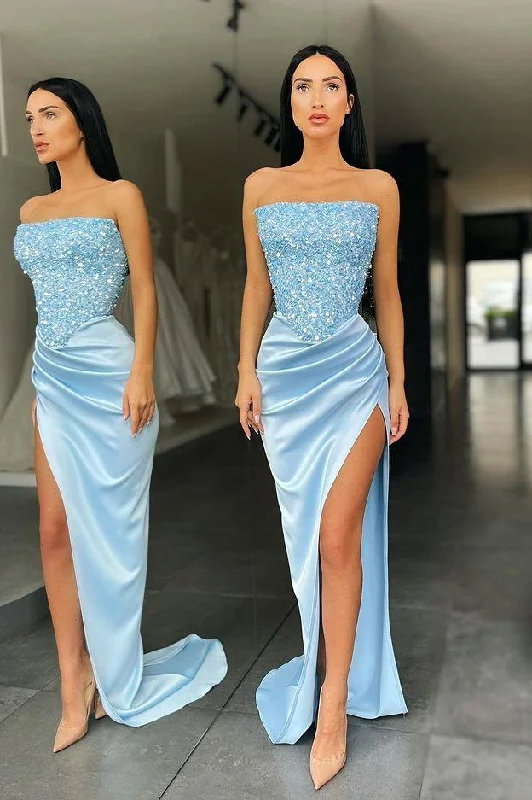 Trendy Sky Blue Strapless Sequin Long Prom Dress with High Slit,DS3511