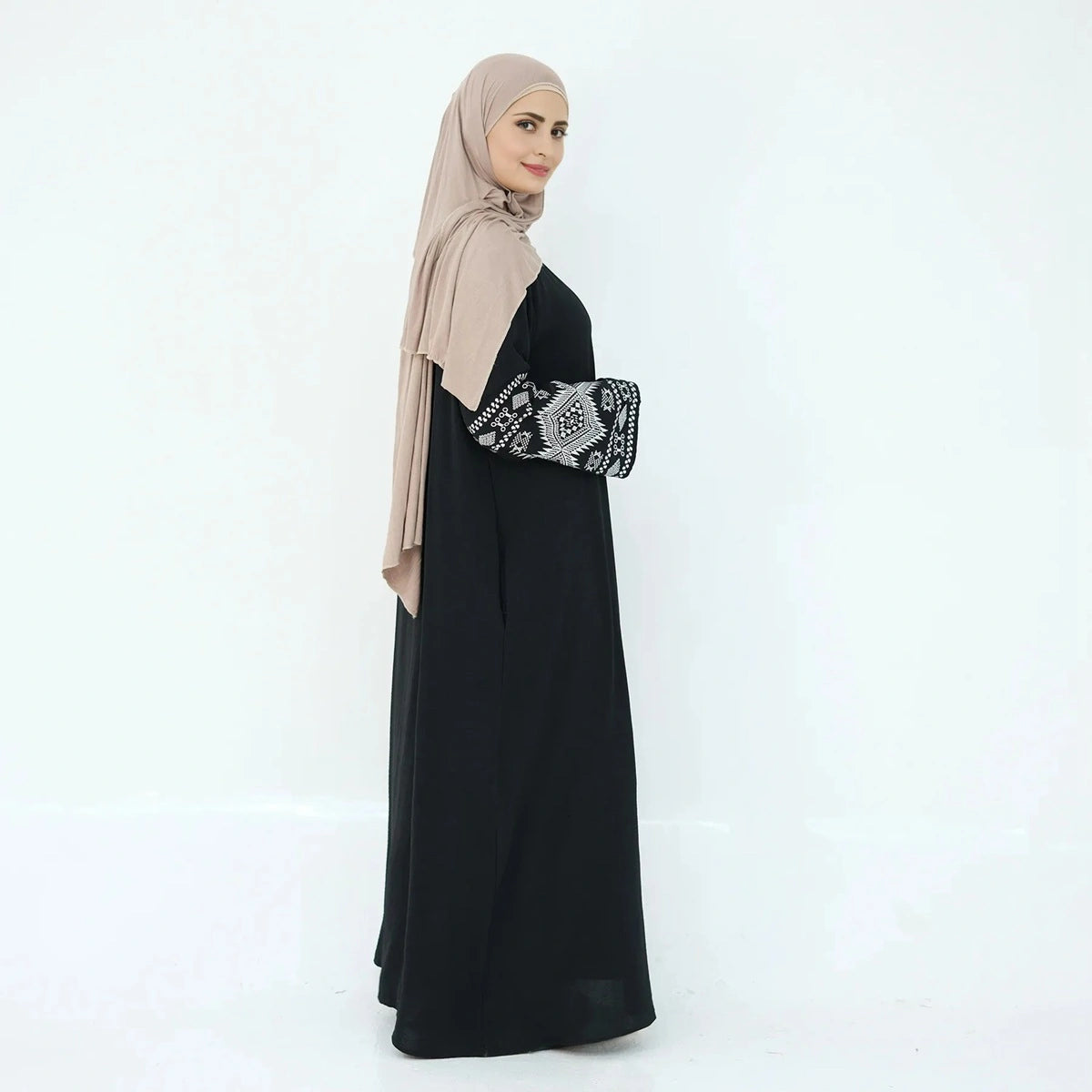 Embroidery Cardigan Open Abaya Dress #24915 Houndstooth Herringbone Solid