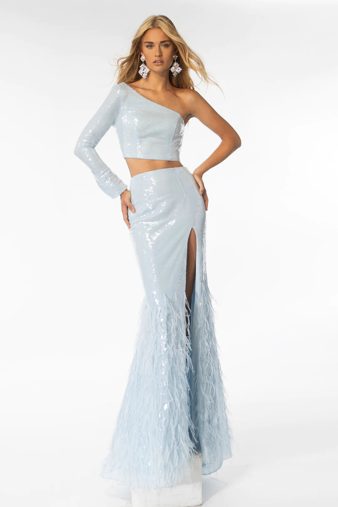 Ava Presley 39243 Long Prom 2pcs Sequin Dress One Sleeve Feather Detail Skirt Formal Pageant Ava Presley 39243 Long Prom 2pcs Sequin Dress One Sleeve Feather Detail Skirt Formal Pageant