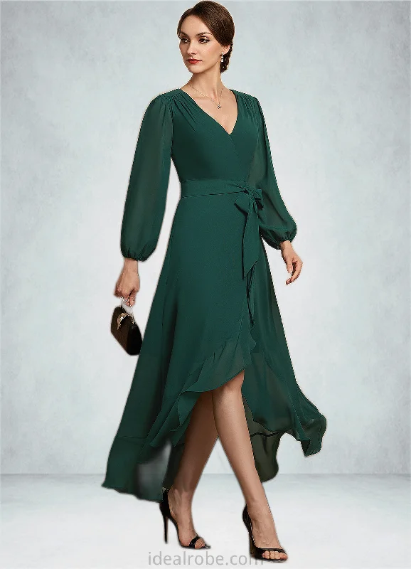 Laci A-Line V-neck Asymmetrical Chiffon Mother of the Bride Dress With Bow(s) Cascading Ruffles STK126P0014909 Laci A-Line V-neck Asymmetrical Chiffon Mother of the Bride Dress With Bow(s) Cascading Ruffles STK126P0014909
