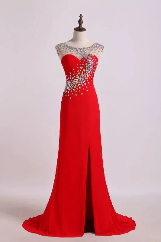 Scoop Column Prom Dresses With Rhinestone Chiffon