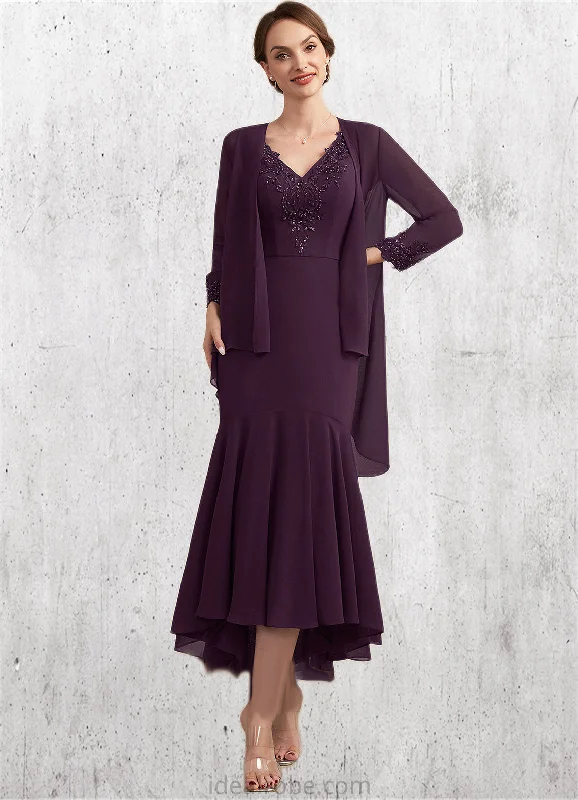 Eleanor Trumpet/Mermaid V-neck Asymmetrical Chiffon Mother of the Bride Dress With Lace Beading Sequins STK126P0014902 Eleanor Trumpet/Mermaid V-neck Asymmetrical Chiffon Mother of the Bride Dress With Lace Beading Sequins STK126P0014902