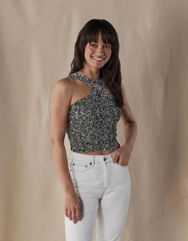 Marlo Smocked Tank in Bluebell graphic tank top