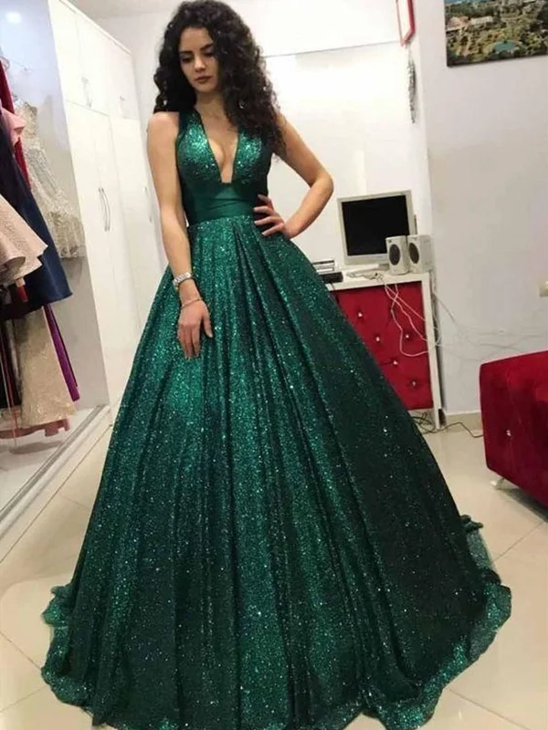 Shiny V Neck Dark Green Prom Dresses, Dark Green Long Formal Evening Dresses