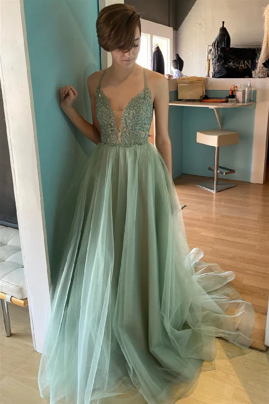 Dusty Sage Deep V Neck Appliques Lace-Up Tulle Long Prom Dress