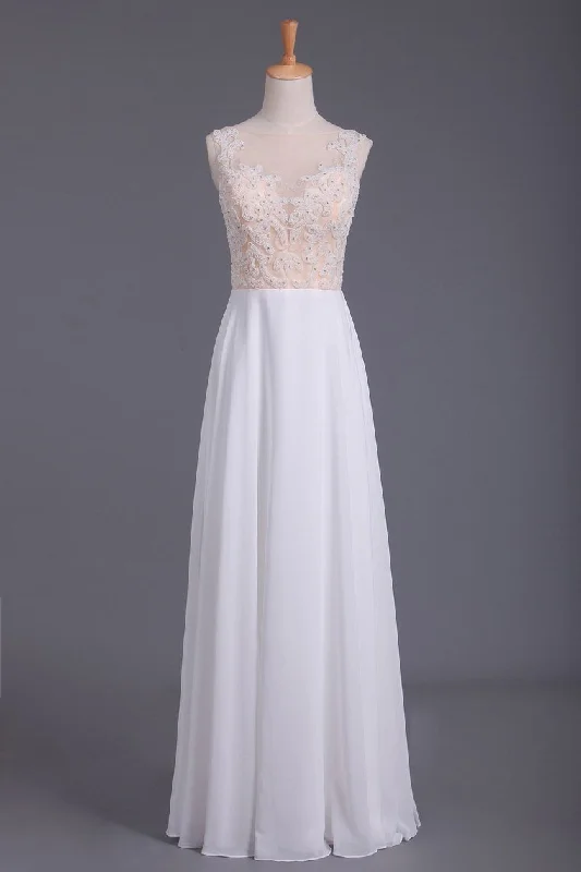 Scoop Beaded Bodice Prom Dresses A Line With Beading White