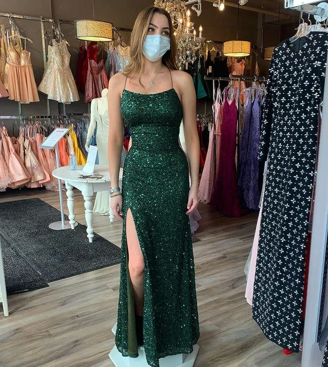 Sparkly Sheath Scoop Neck Dark Green Sequins Prom Dresses, Split Evening Dress,DS4549 Sparkly Sheath Scoop Neck Dark Green Sequins Prom Dresses, Split Evening Dress,DS4549