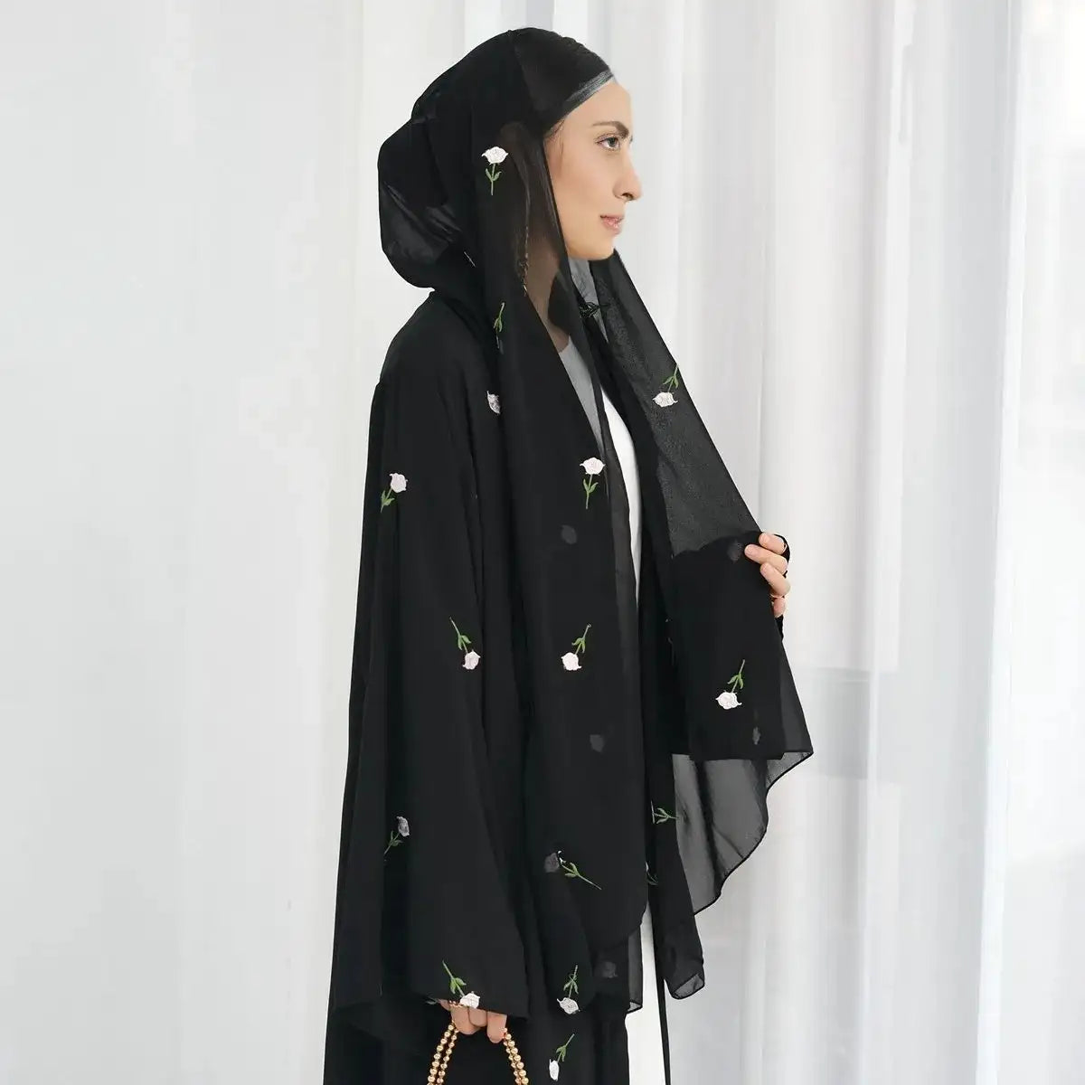 Flower Embroidery Nida Cardigan Open Abaya Dress With Hijab Thin Thick Dense