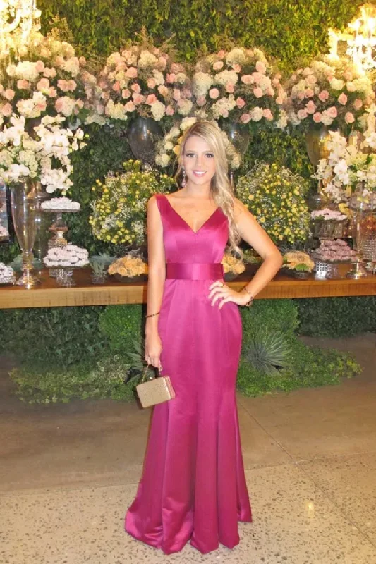 Satin V Neck Open Back Evening Dresses With Sash Floor Length