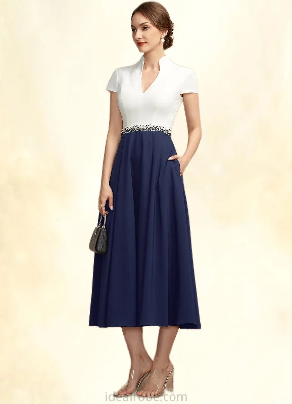 Sasha A-Line V-neck Tea-Length Stretch Crepe Mother of the Bride Dress With Beading Sequins Pockets STK126P0014854 Sasha A-Line V-neck Tea-Length Stretch Crepe Mother of the Bride Dress With Beading Sequins Pockets STK126P0014854