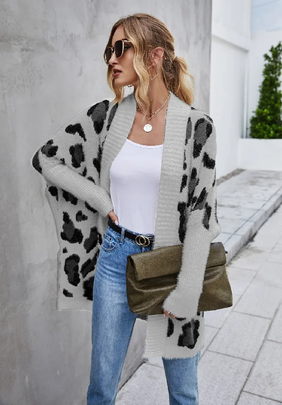 Fashion Leopard Women Knitted Cardigan Sweaters Bright Pastel Dark