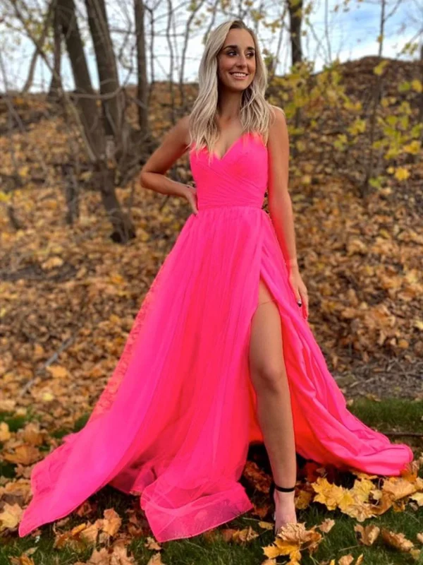 A Line V Neck Hot Pink Long Tulle Prom Dresses, Hot Pink Tulle Formal Evening Dresses A Line V Neck Hot Pink Long Tulle Prom Dresses, Hot Pink Tulle Formal Evening Dresses