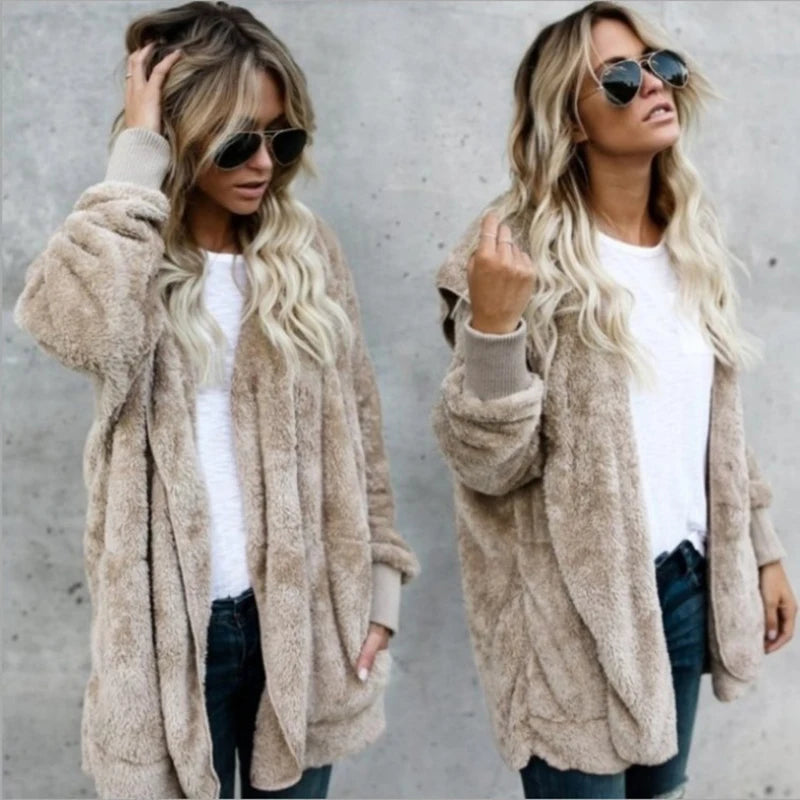 Autumn Winter Double Fleece Cardigan Jacket Women Solid Color Long Sleeve Plush Warm Hooded Lady Jacket Oversized Outerwear Coat Terry Terry Cloth Terry Knit