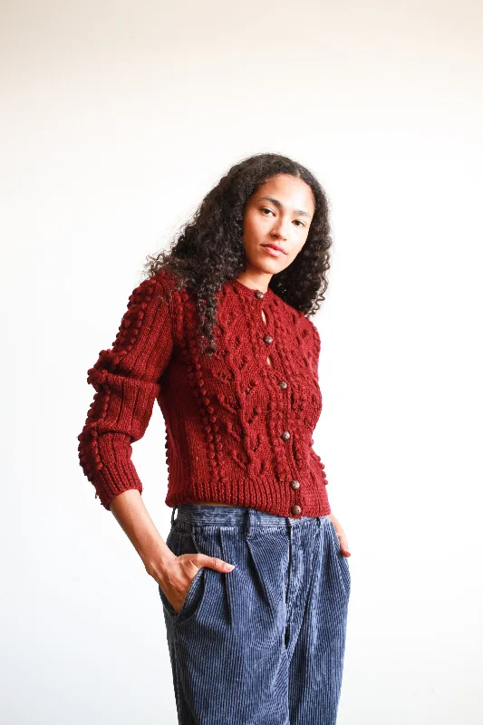 1970s Burgundy Wool Popcorn Knit Cardigan Boxy Cardigan Fitted Cardigan A-Line