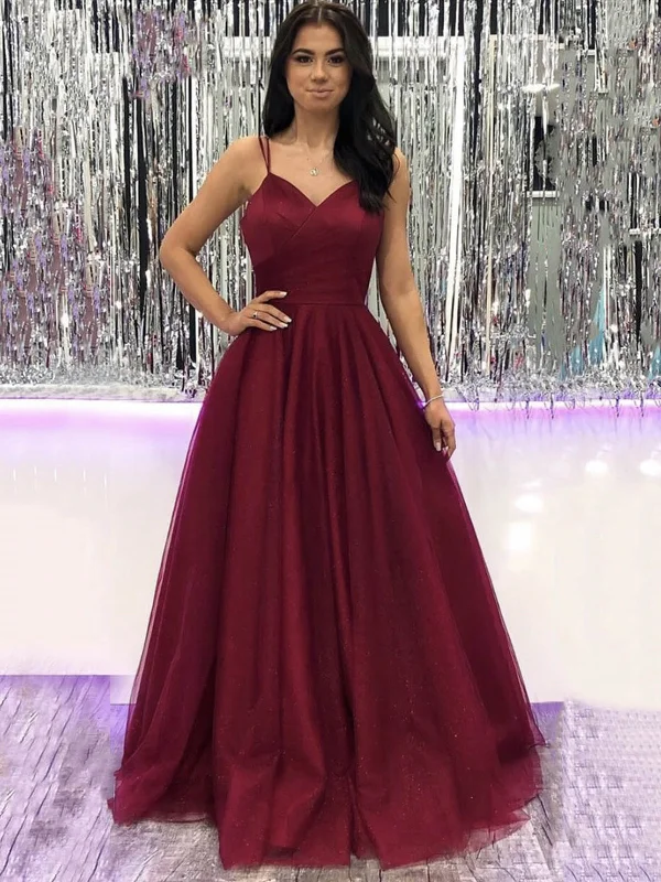 V Neck Burgundy Tulle Long Prom Dresses, Wine Red Tulle Formal Evening Dresses