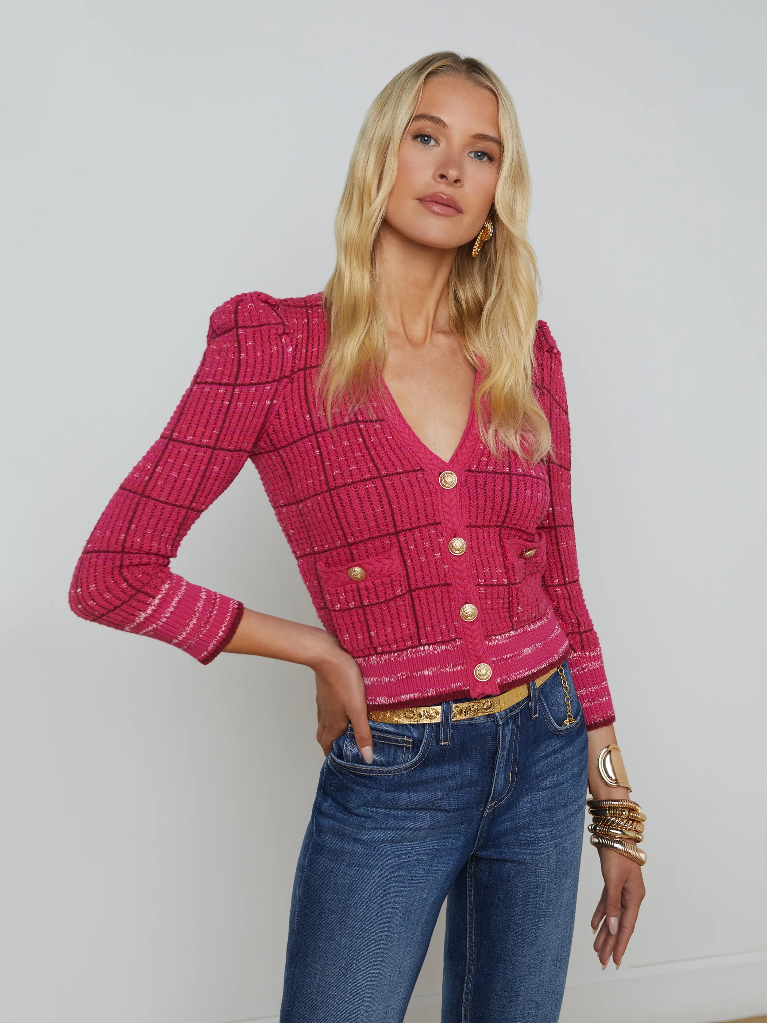 Jenni Cardigan Pink Multi - L'AGENCE Lightweight Heavyweight Midweight