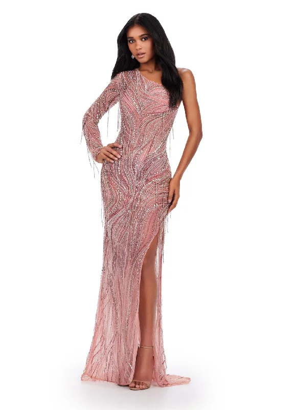 Ashley Lauren 11516 Long Prom Dress One Sleeve Fully Beaded Dress Fringe Slit Formal Pageant Gown Ashley Lauren 11516 Long Prom Dress One Sleeve Fully Beaded Dress Fringe Slit Formal Pageant Gown