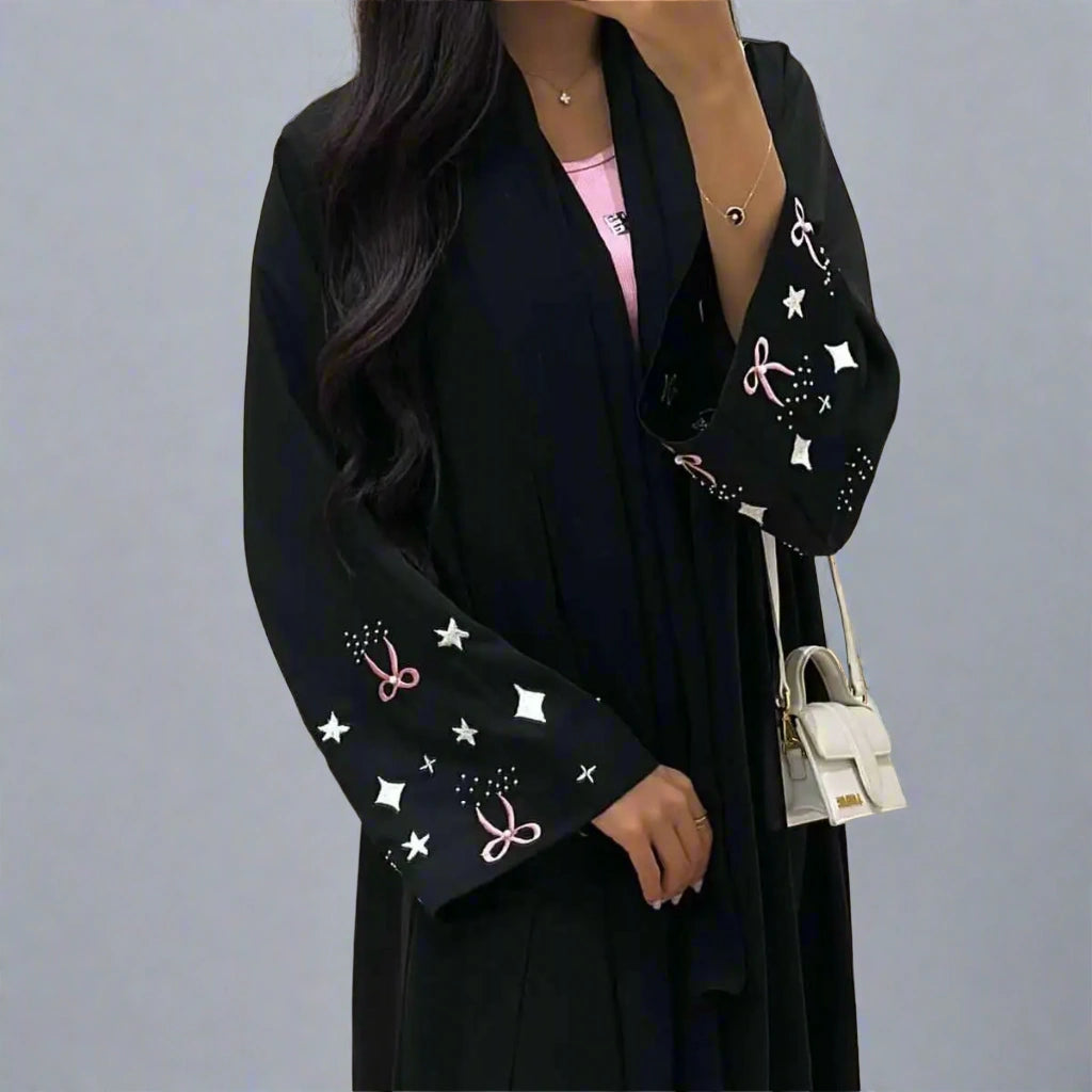 With Hijab Embroidery Cuff Satin Cardigan Open Abaya Dress Solid Color Striped Floral Print