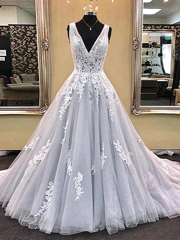 V Neck Light Gray Lace Prom Dresses, Silver Grey Lace Formal Evening Dresses