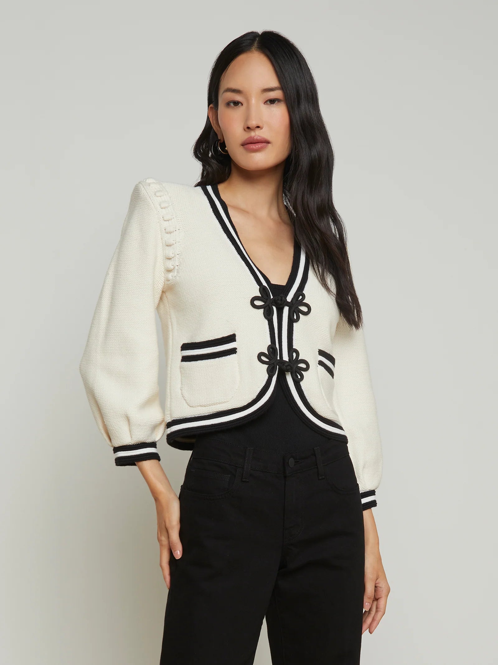 Kaito Cropped Cardigan Ivory/Black - L'AGENCE Mesh Fabric Canvas Fabric Denim Fabric