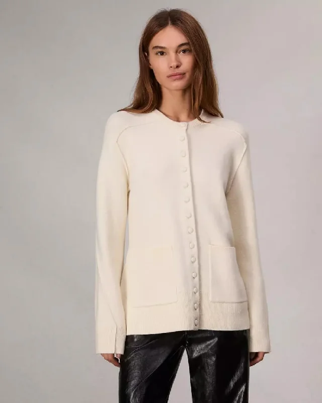 Bridget Long Crew Cardigan in Ivory Satin Blend Silk Blend Wool Blend