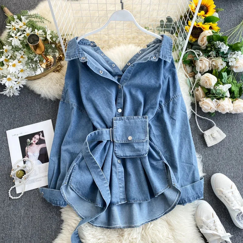 Bonnyshow Women's Denim Shirt Dress Straps Waist Thin Single-breasted Pockets Jacket Cowboy Blouses Belted Cardigan A-Line Dress Vestido Bright Pastel Dark