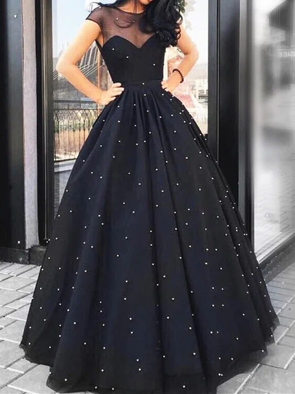 Cap Sleeves Round Neck Black Beaded Long Prom Dresses, Black Beaded Long Formal Evening Dresses Cap Sleeves Round Neck Black Beaded Long Prom Dresses, Black Beaded Long Formal Evening Dresses