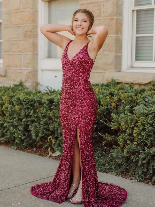 Bling Bling V Neck Mermaid Burgundy Prom Dresses, Wine Red Mermaid V Neck Formal Evening Dresses