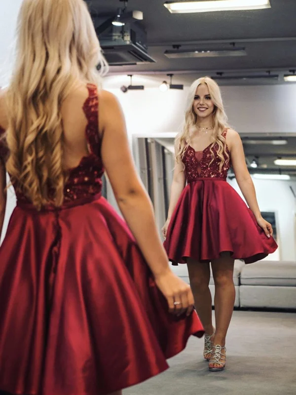 A Line V Neck Short Burgundy Lace Prom Dresses, Wine Red Short Lace Formal Graduation Dresses A Line V Neck Short Burgundy Lace Prom Dresses, Wine Red Short Lace Formal Graduation Dresses