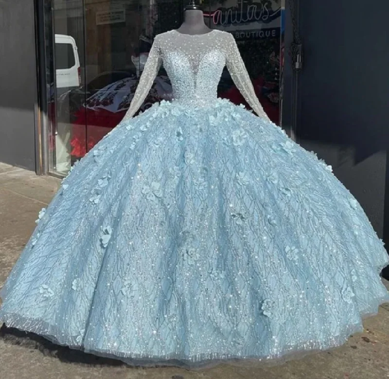 Light Blue Quinceanera Dresses O-Neck Long Sleeve Lace Sequined Flowers Sweet 16 Ball Gown Tulle Party Princess,DS4411 Light Blue Quinceanera Dresses O-Neck Long Sleeve Lace Sequined Flowers Sweet 16 Ball Gown Tulle Party Princess,DS4411