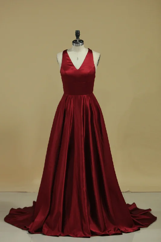 Red V Neck Evening Dresses A Line Sweep Train With Slit & Ruffles