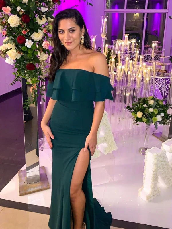 Off Shoulder Dark Green Long Prom Dresses, Dark Green Long Formal Evening Dresses