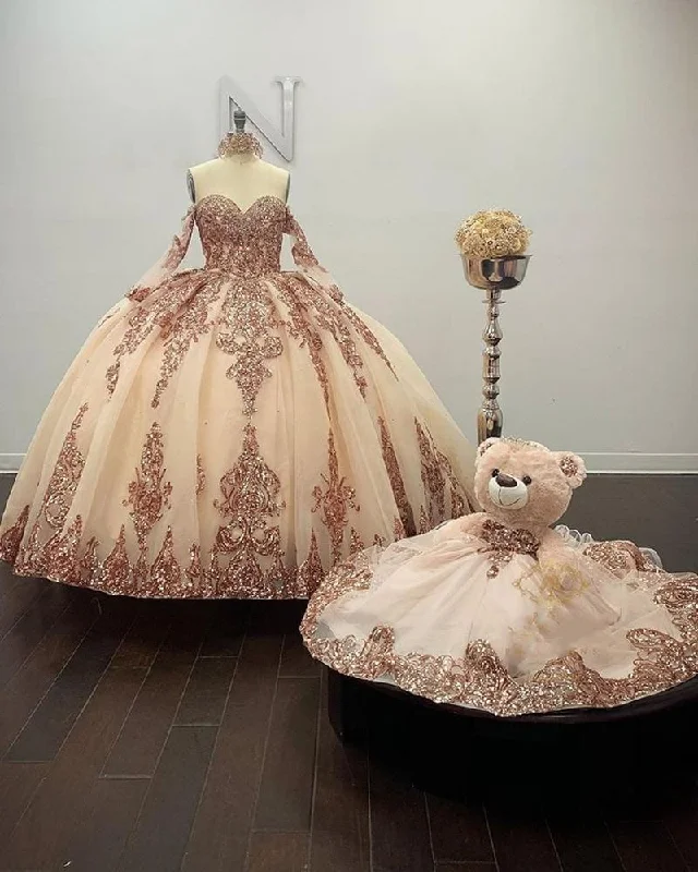 Sparkly Rose Gold Quinceanera Prom Dresses Sweetheart Lace Applique Sequins Ball Gown Tulle Formal Dress,DS4393 Sparkly Rose Gold Quinceanera Prom Dresses Sweetheart Lace Applique Sequins Ball Gown Tulle Formal Dress,DS4393