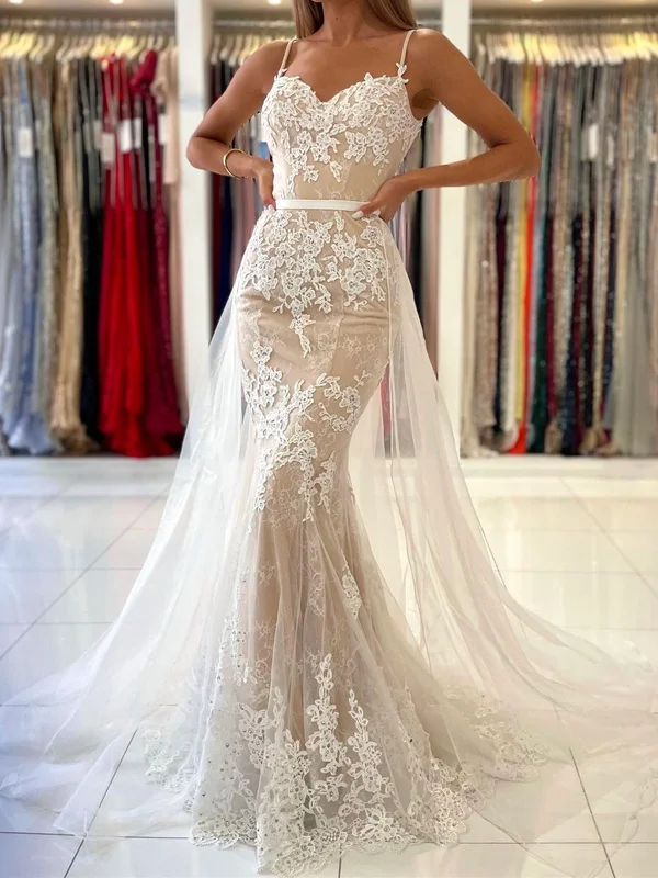 Champagne Mermaid Lace Prom Dresses, Champagne Mermaid Lace Formal Evening Dresses