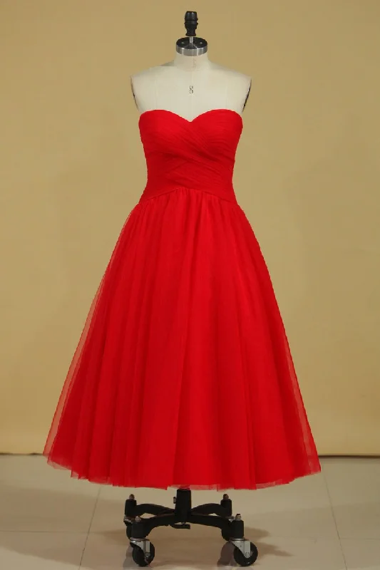 Red Sweetheart Prom Dresses A Line Tulle With Ruffles Ankle Length Size 8