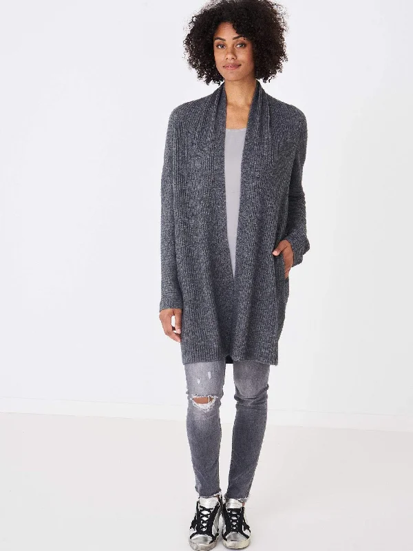 Repeat Cashmere - Cardigan Long rib knit in med grey Nylon Fabric Polyester Fabric Spandex Fabric